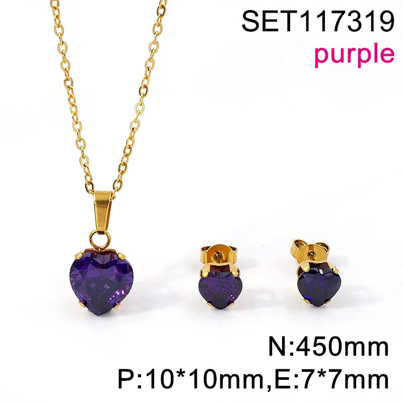 Non Tarnish Waterproof Love Heart Cubic Zirconia Necklace Earrings Sets