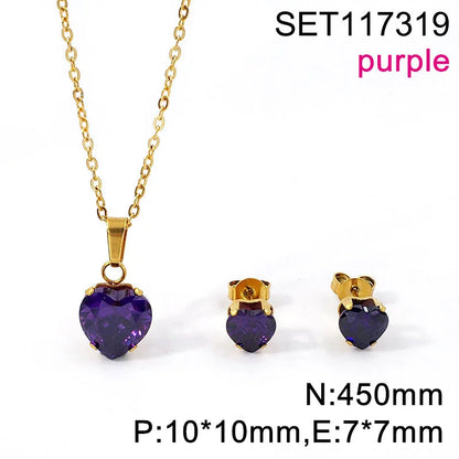Non Tarnish Waterproof Love Heart Cubic Zirconia Necklace Earrings Sets