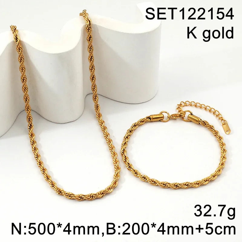 18K Gold Plated Twisted Rope Chain Like Necklace and Bracelet Sets
