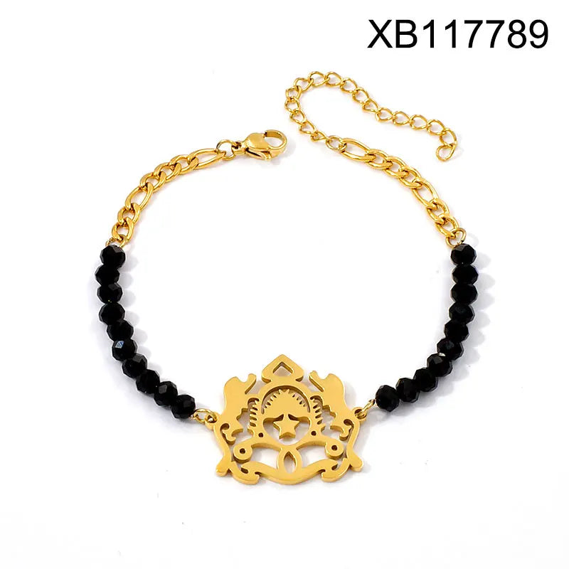 Black Bead 18K Gold Plated Emblem Necklace & Bracelet