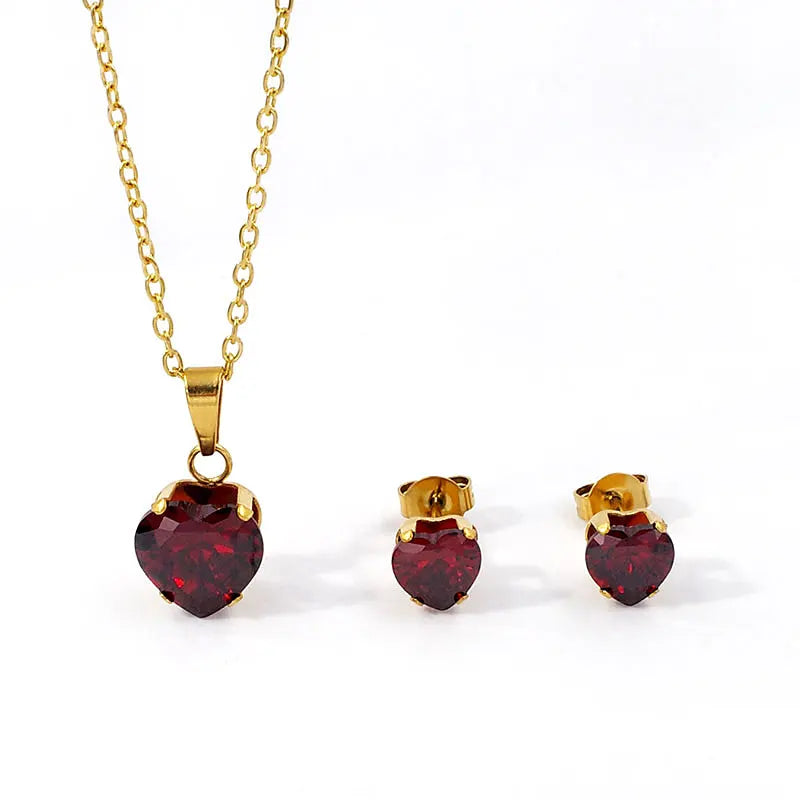Non Tarnish Waterproof Love Heart Cubic Zirconia Necklace Earrings Sets