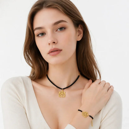 Black Bead 18K Gold Plated Emblem Necklace & Bracelet