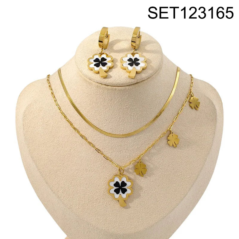 Flower Enamel Heart Charms Layered Chain and Earrings Set