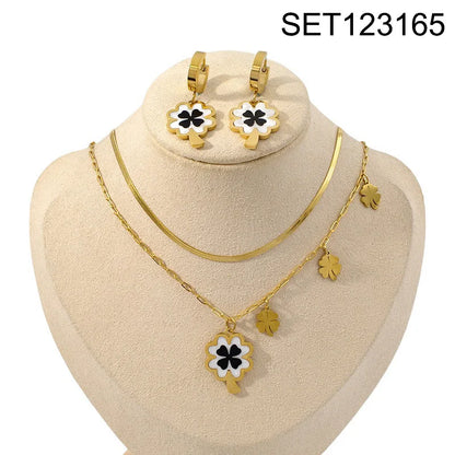 Flower Enamel Heart Charms Layered Chain and Earrings Set