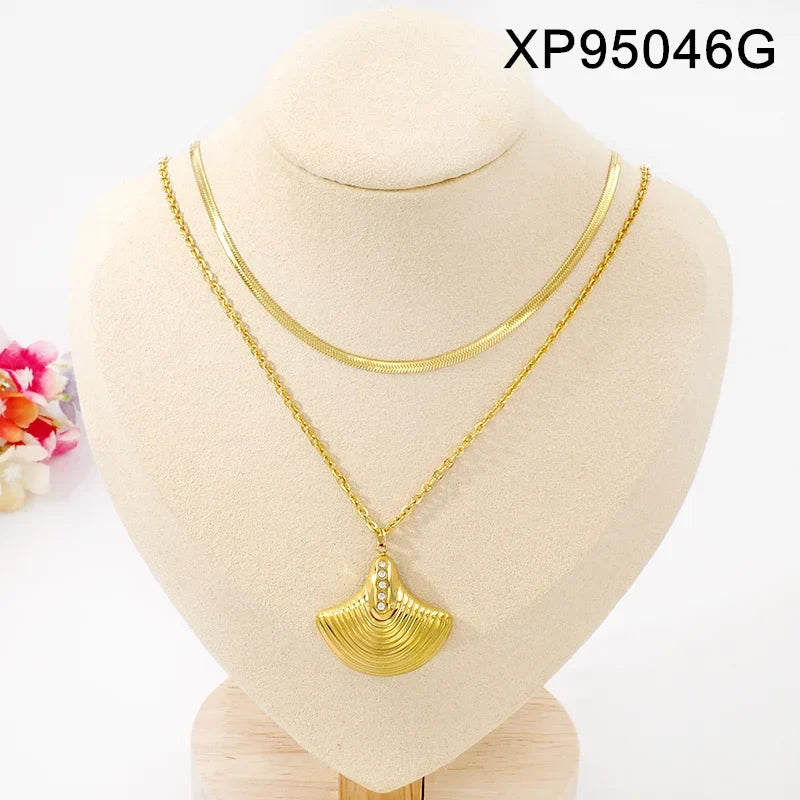 18K Gold Plated Diamond Shell Layered Chain Necklace Earrings Set