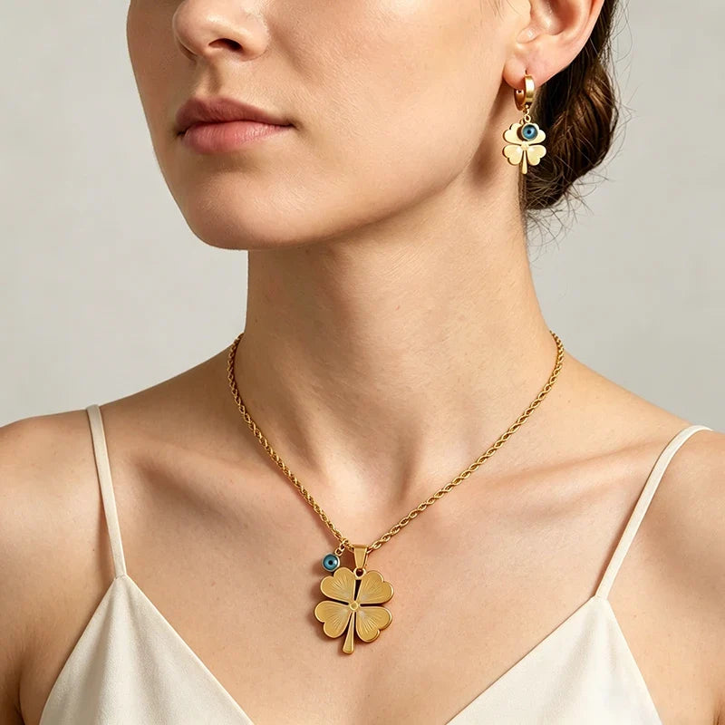 Flower Enamel Heart Charms Layered Chain and Earrings Set