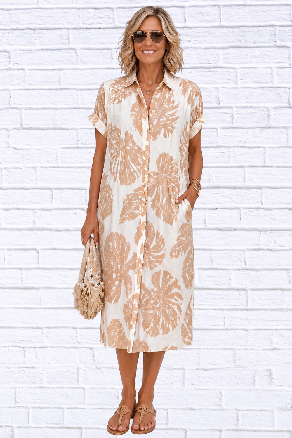 Tropical Print Shirt Dress for Women | Lightweight Button Front Midi