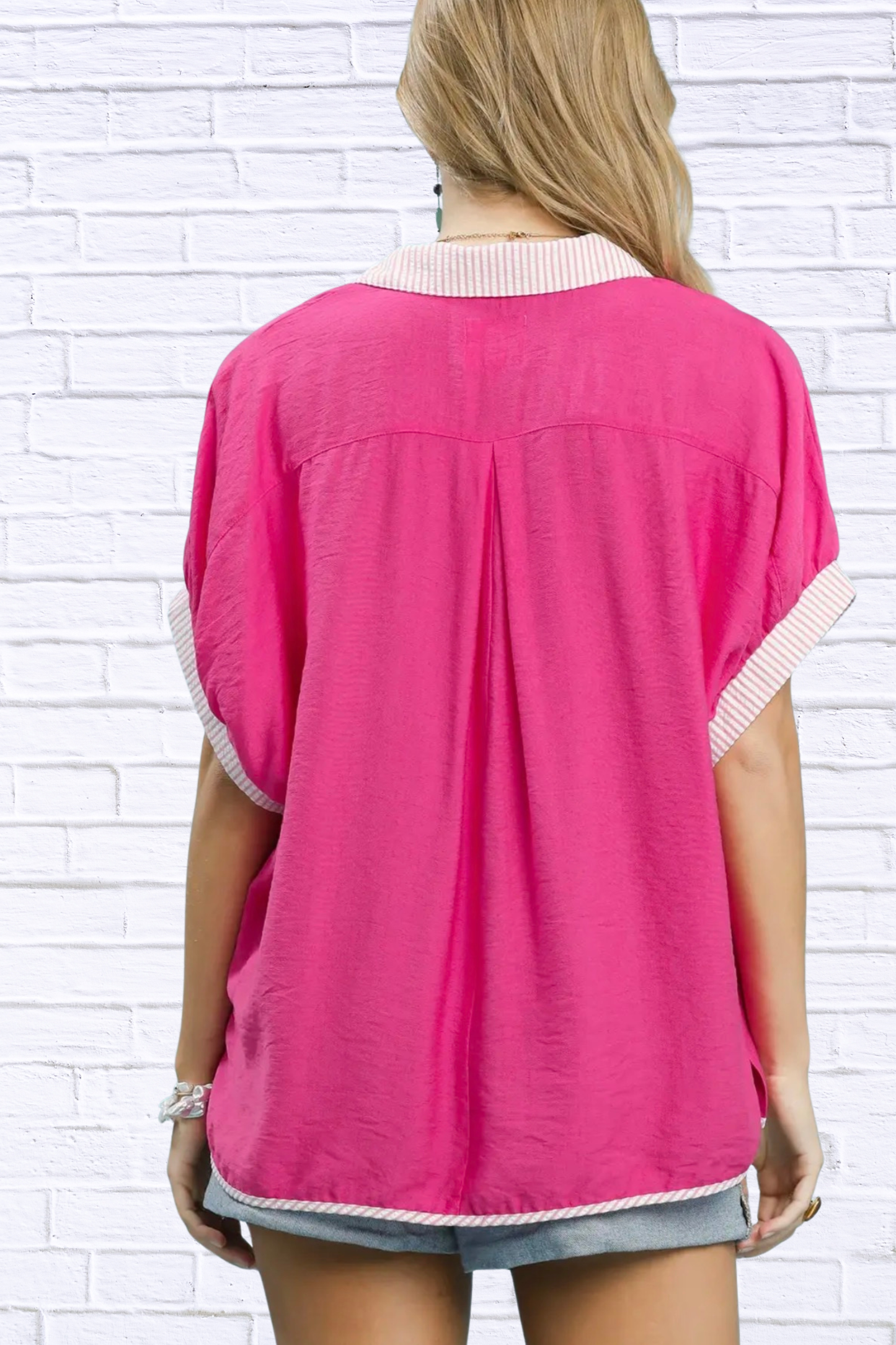 Umgee Oversized Contrast Stripe Trim Top