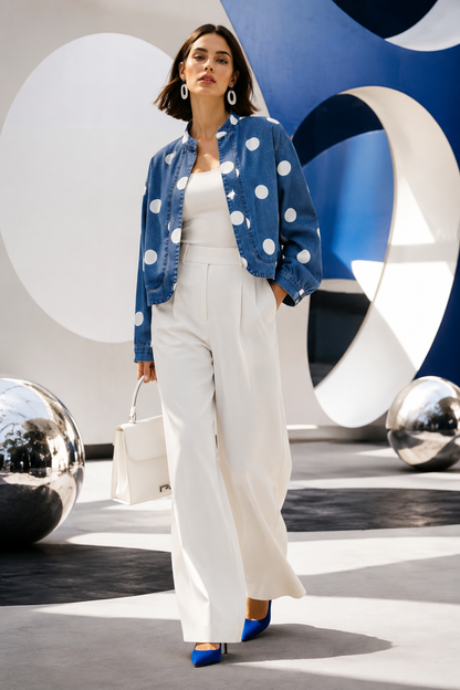 Polka Dot Cropped Denim Jacket