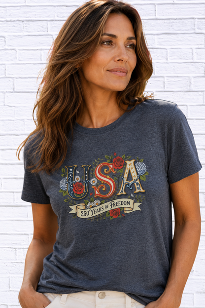 Women’s Vintage USA Graphic T-Shirt | 250 Years of Freedom Casual Patriotic Tee