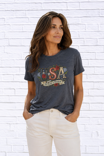 Women’s Vintage USA Graphic T-Shirt | 250 Years of Freedom Casual Patriotic Tee