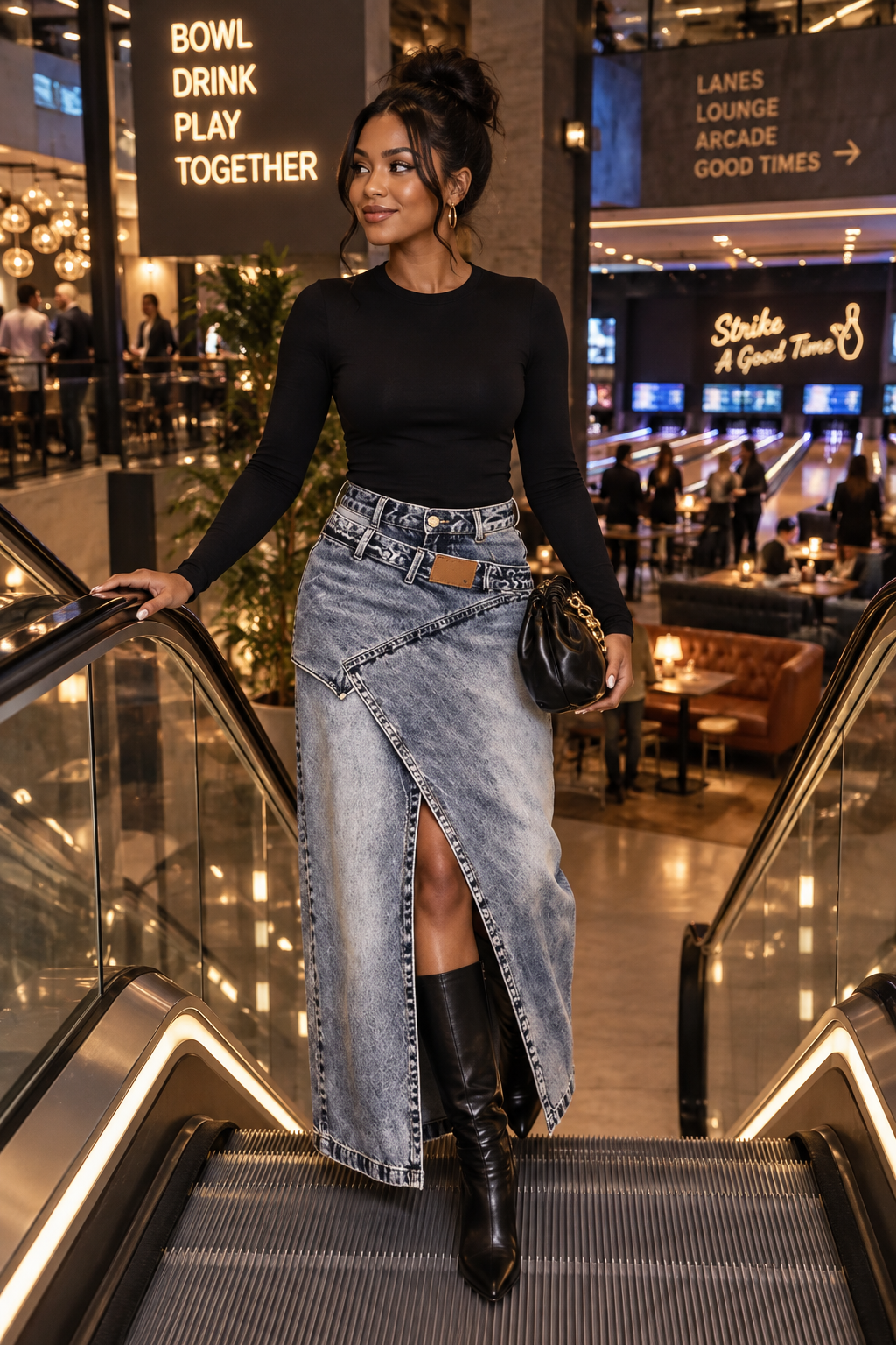 High-Waisted Asymmetric Slit Denim Maxi Skirt