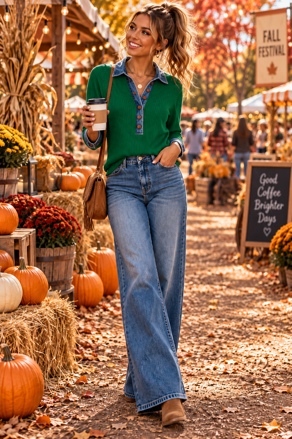 Denim Trim Ribbed Knit Top | Plus Size