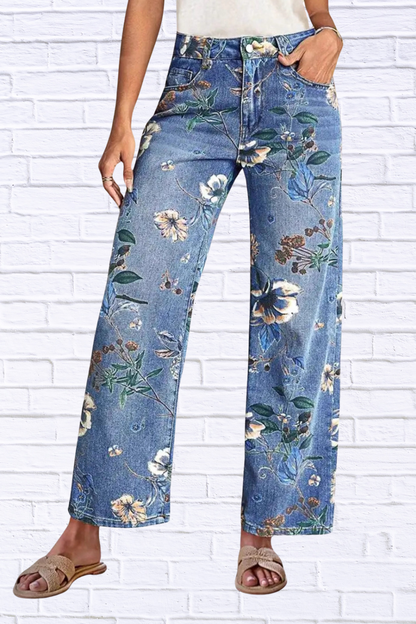 Floral Print Wide Leg Jeans for Women | High Rise Boutique Denim Pants