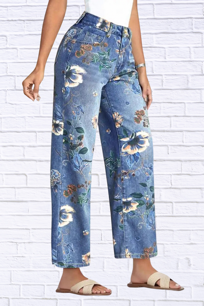 Floral Print Wide Leg Jeans for Women | High Rise Boutique Denim Pants
