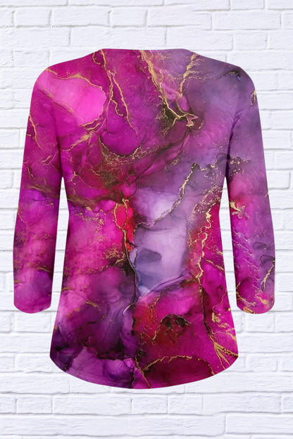 Three-Quarter Sleeve Marble Crew Neck T-Shirt