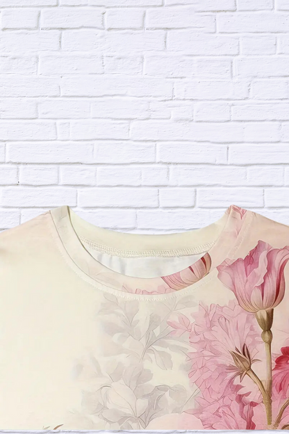 Vibrant Floral Print Short Sleeve Crew Neck T-Shirt