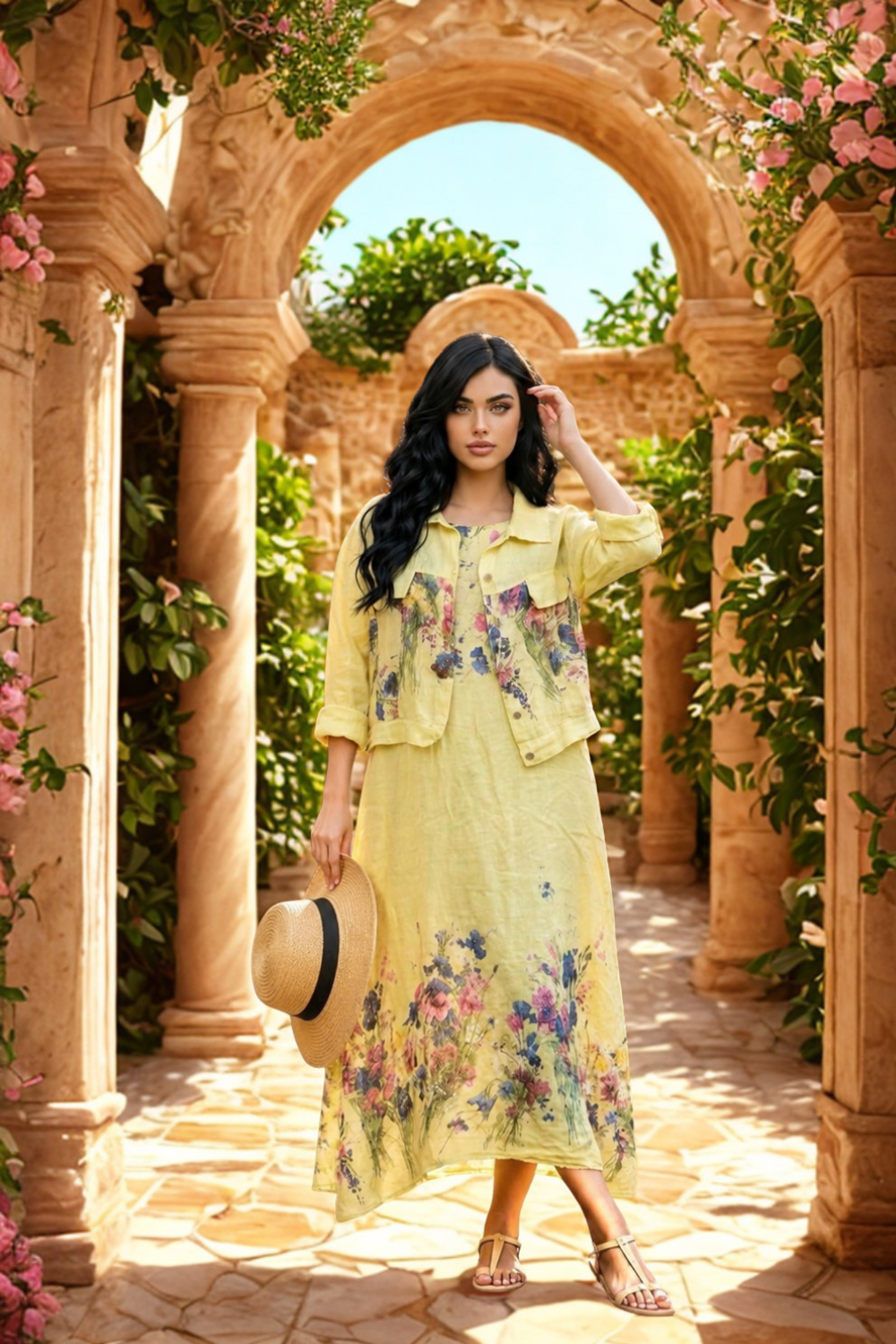 Italian Linen Floral Dress and Jacket Set for Women