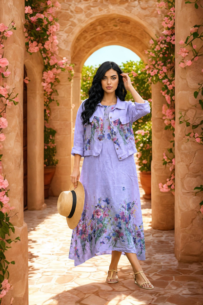Italian Linen Floral Dress and Jacket Set for Women