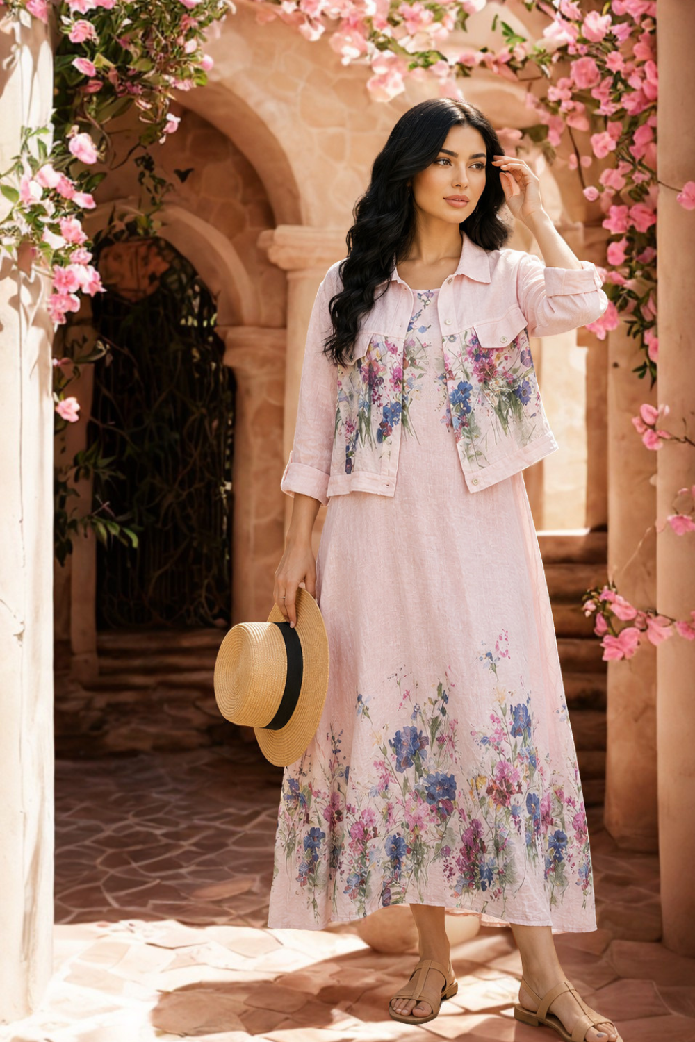 Italian Linen Floral Dress and Jacket Set for Women