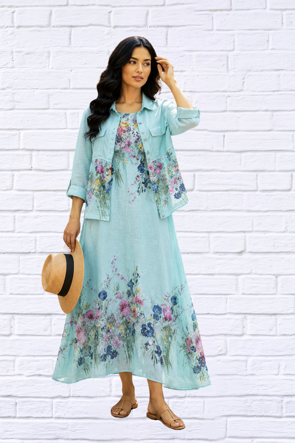 Italian Linen Floral Dress and Jacket Set for Women