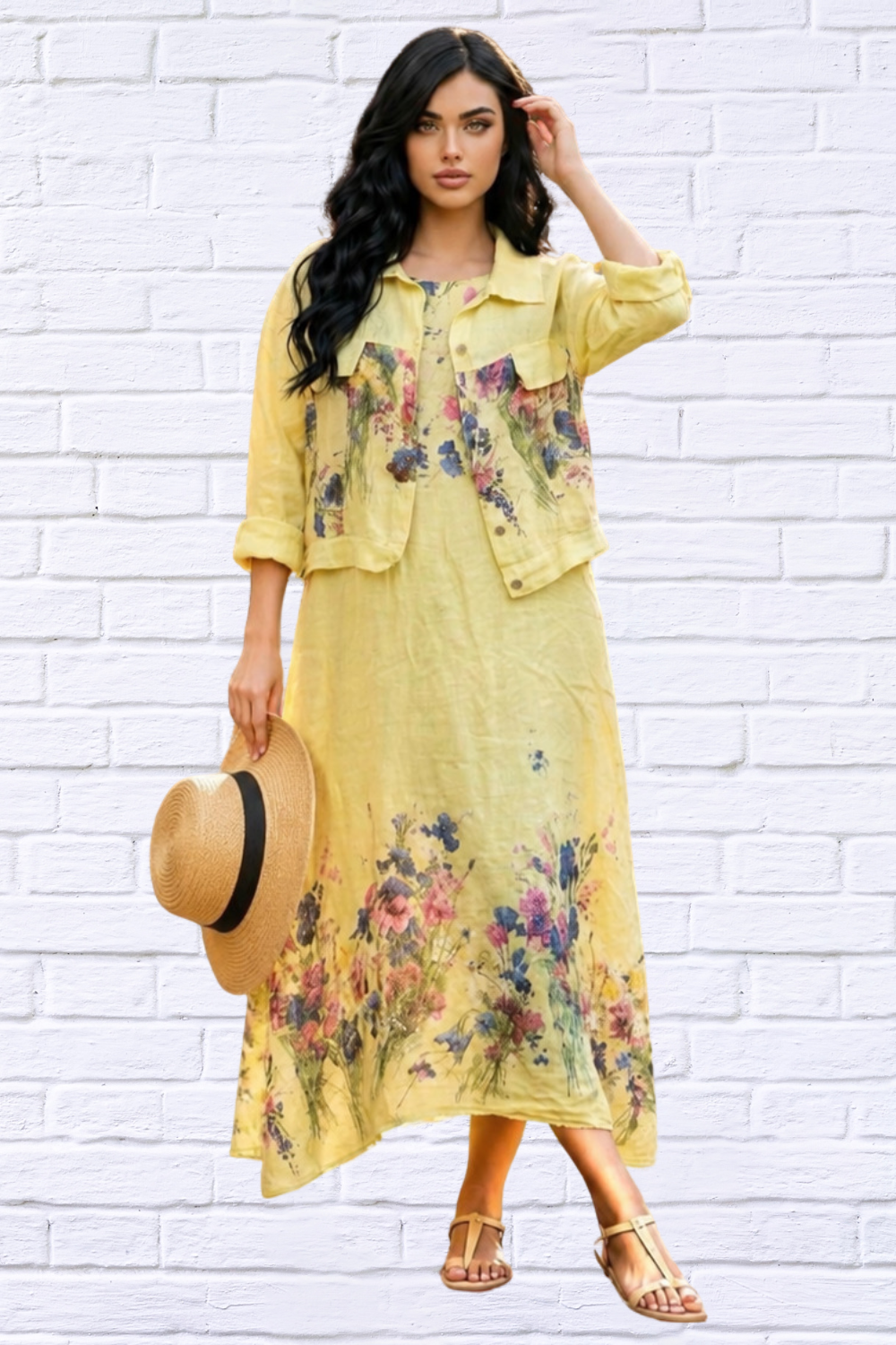 Italian Linen Floral Dress and Jacket Set for Women