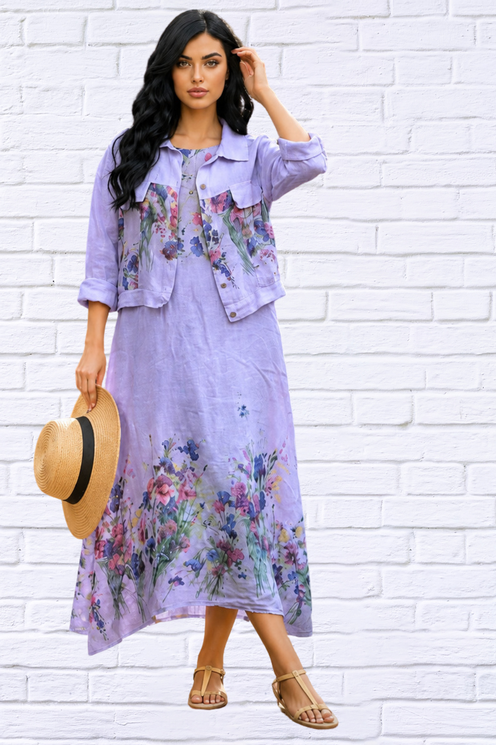 Italian Linen Floral Dress and Jacket Set for Women