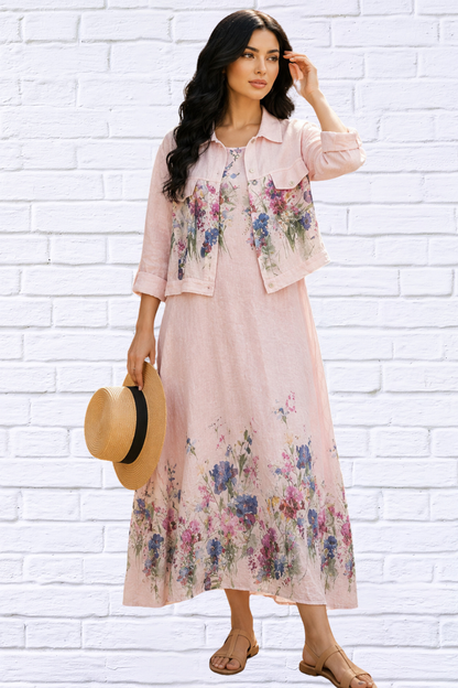 Italian Linen Floral Dress and Jacket Set for Women