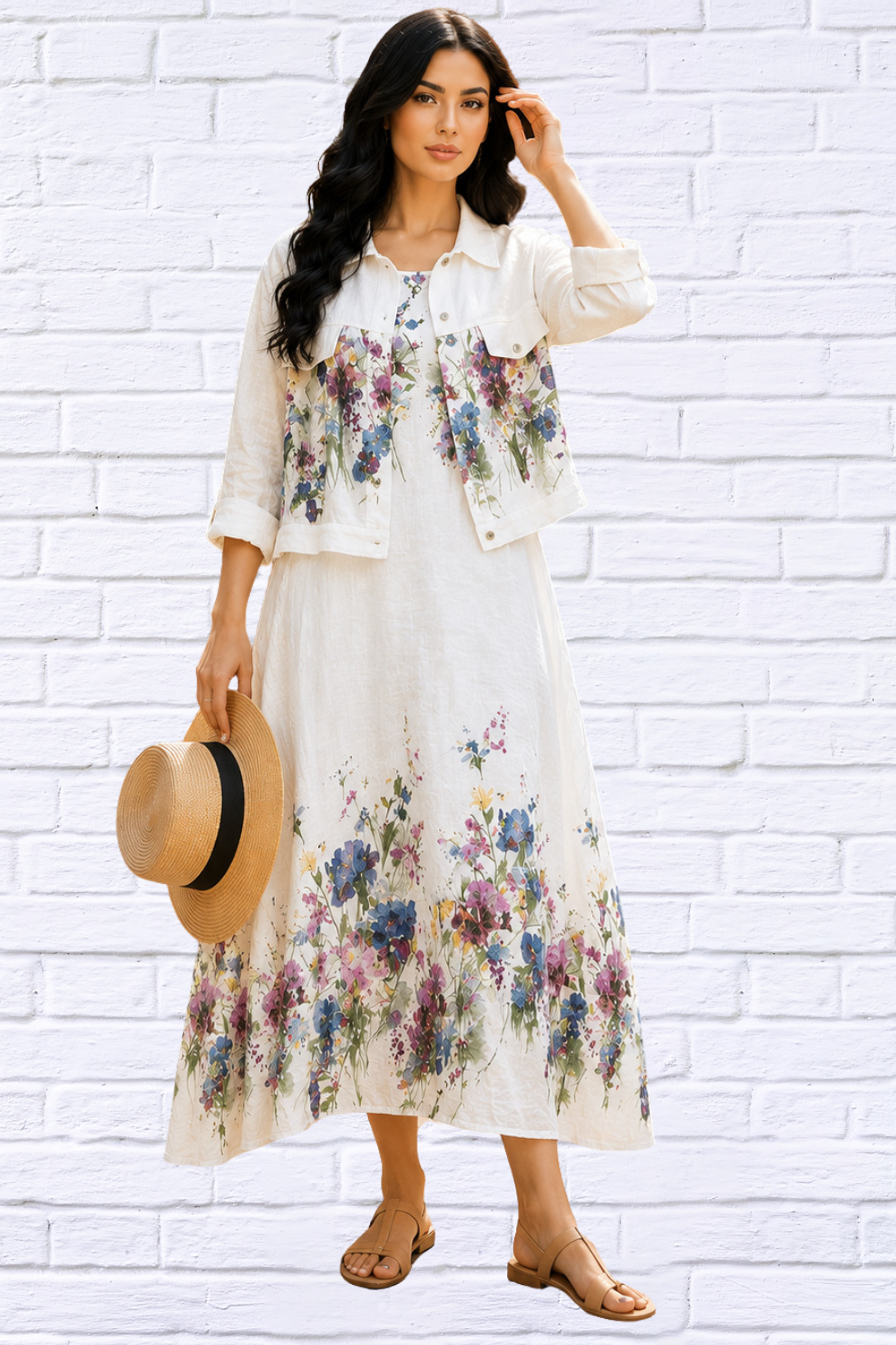 Italian Linen Floral Dress and Jacket Set for Women