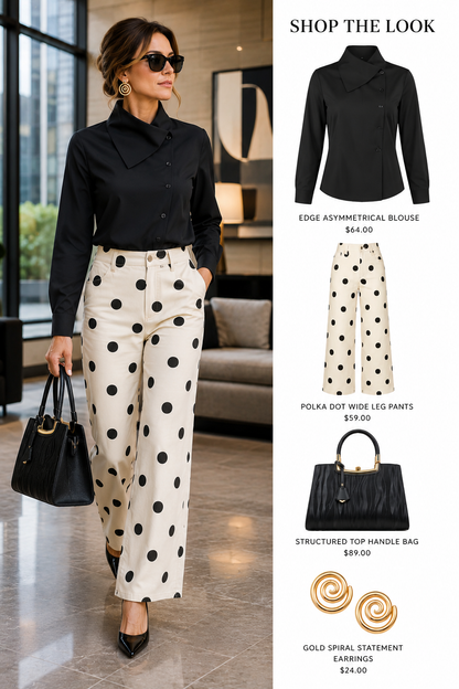 Black and White Polka Dot Wide Leg Pants with Front Pockets