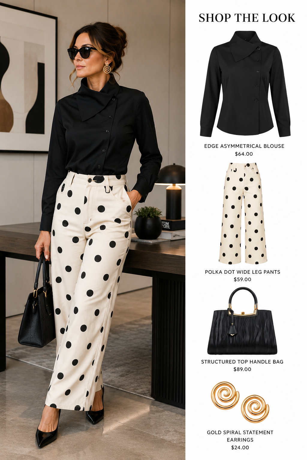Black and White Polka Dot Wide Leg Pants with Front Pockets