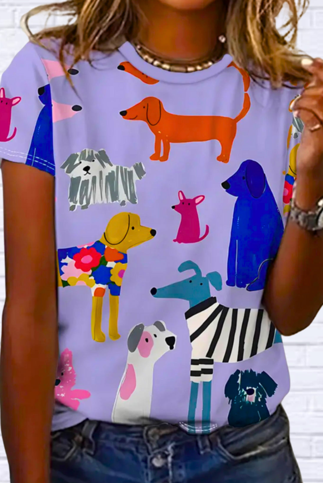 Animal Print Dog Pattern Casual Short Sleeve T-Shirt – Light Purple Fun for Summer!