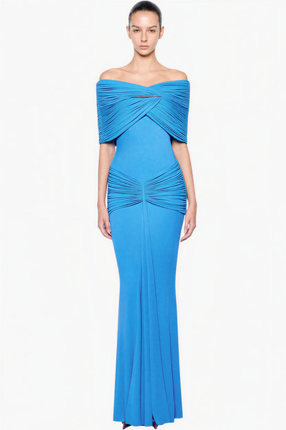 Off Shoulder Gathering Metal Decorations Maxi Dress