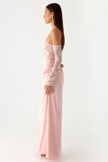 Lace Satin Sweetheart Neck Midi Dress