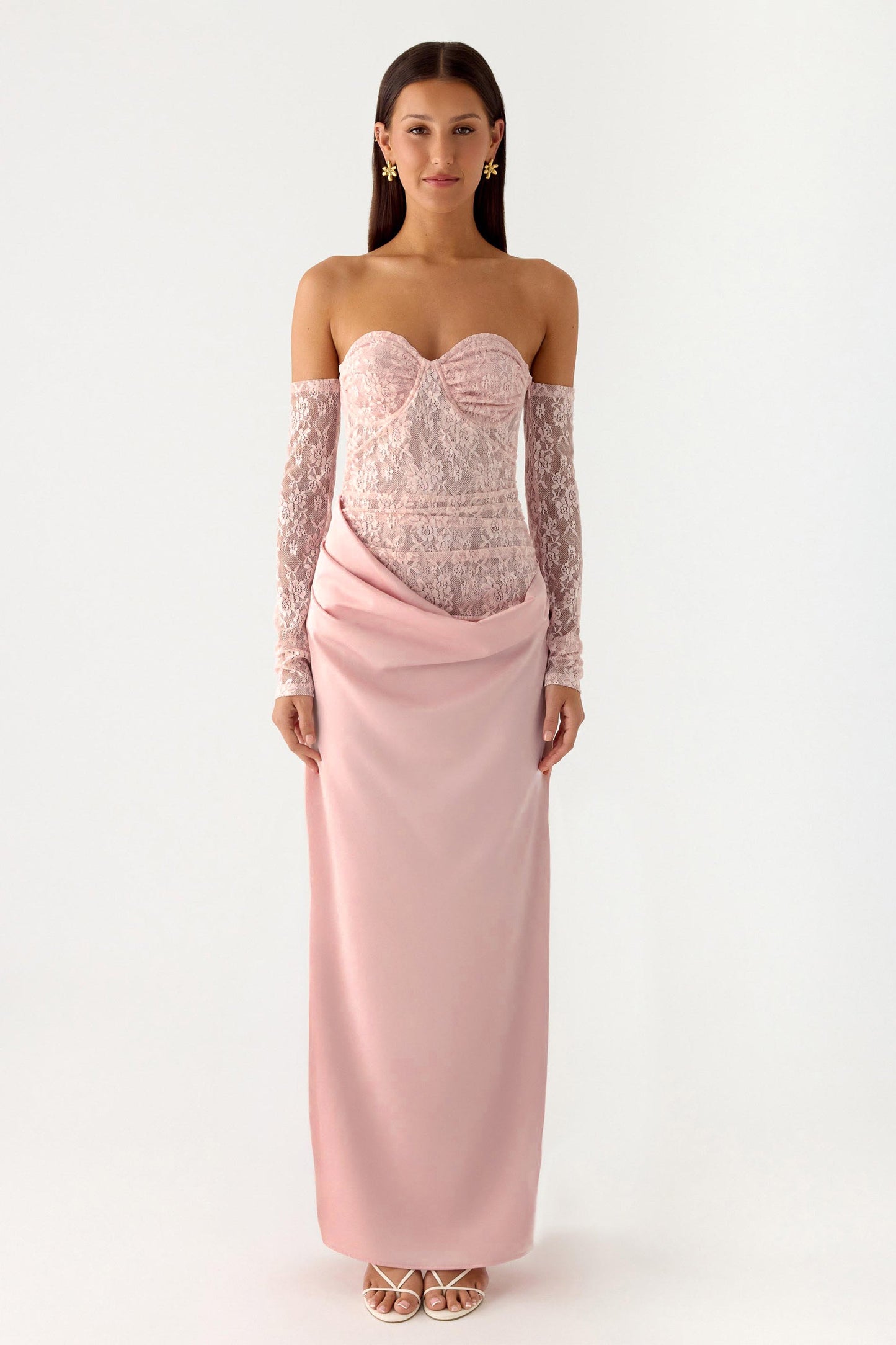 Lace Satin Sweetheart Neck Midi Dress