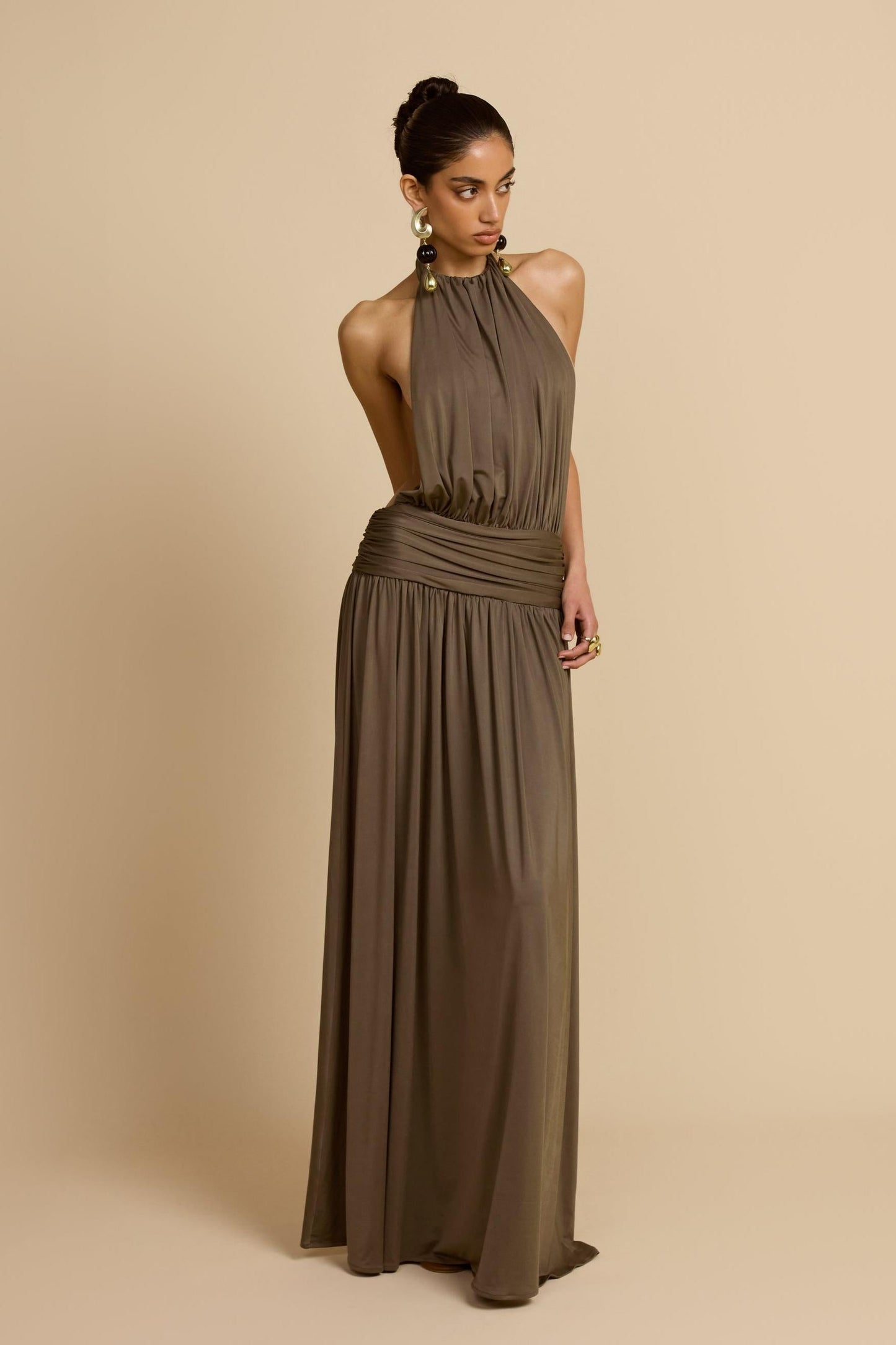 Halter Neck Backless Gathering Maxi Dress