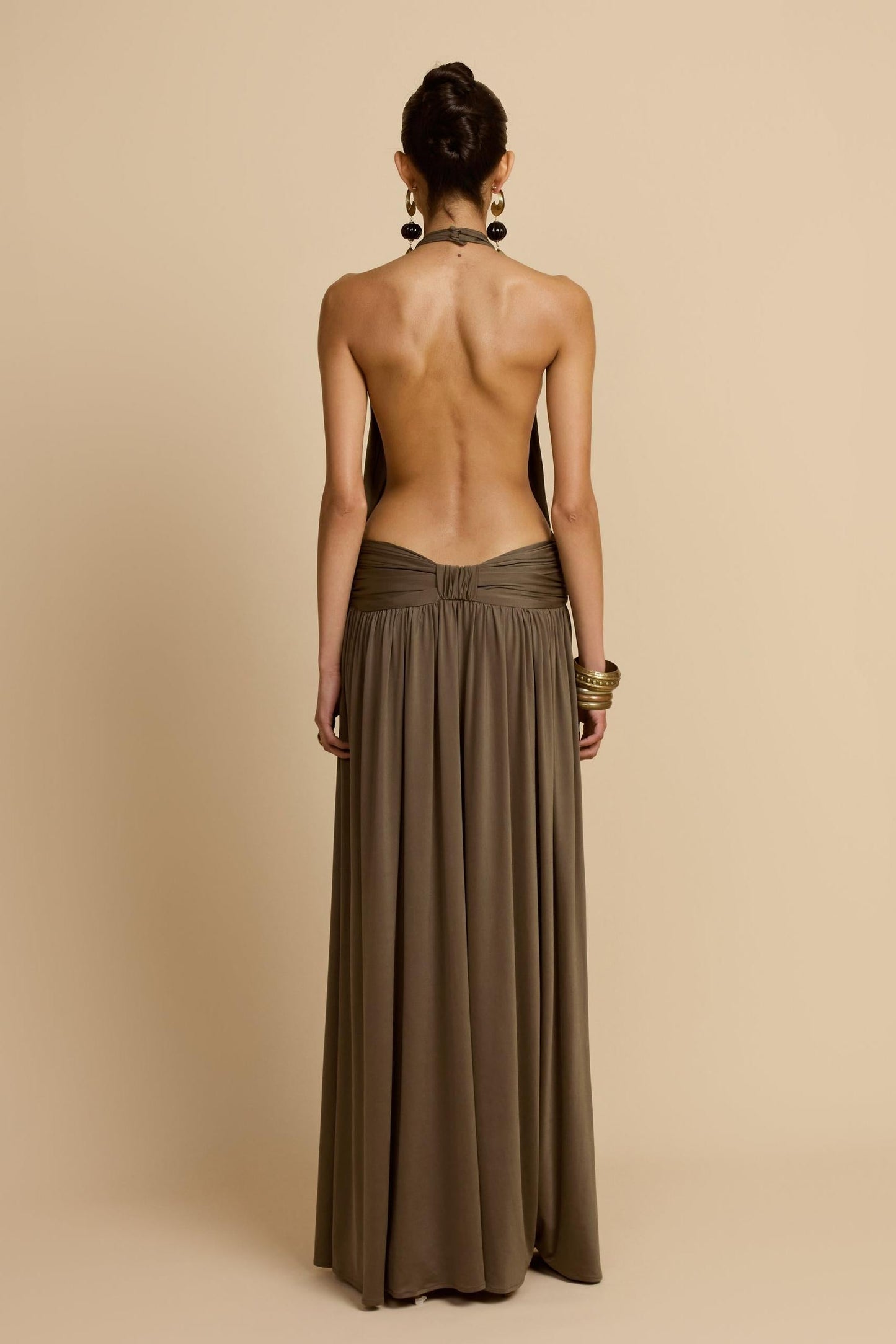 Halter Neck Backless Gathering Maxi Dress