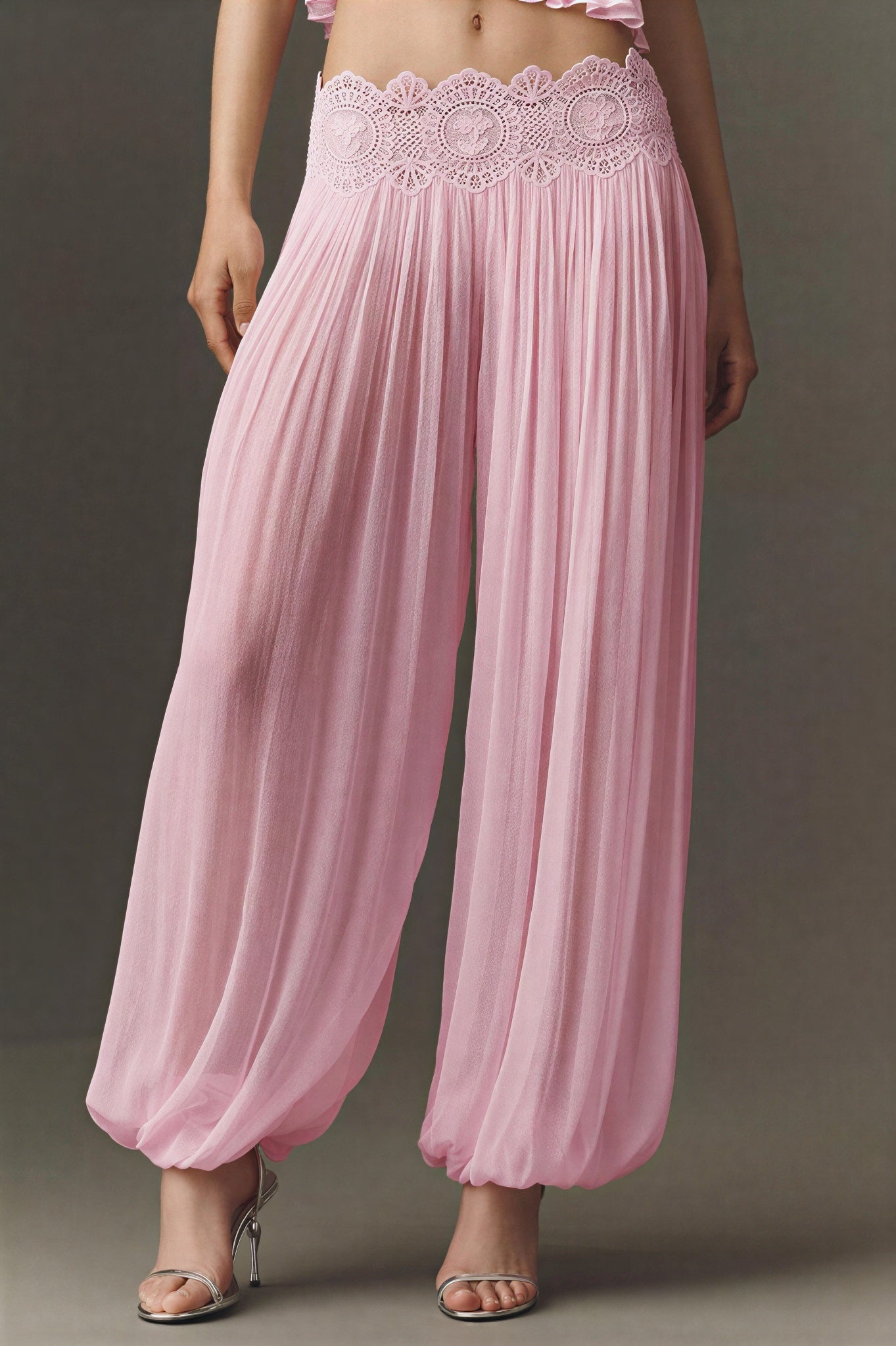 Lace Ruffle Slip Top & Mid Waist Pants Set