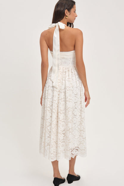 Solid Lace Halter Neck Midi Dress