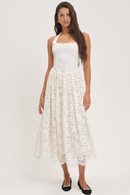 Solid Lace Halter Neck Midi Dress