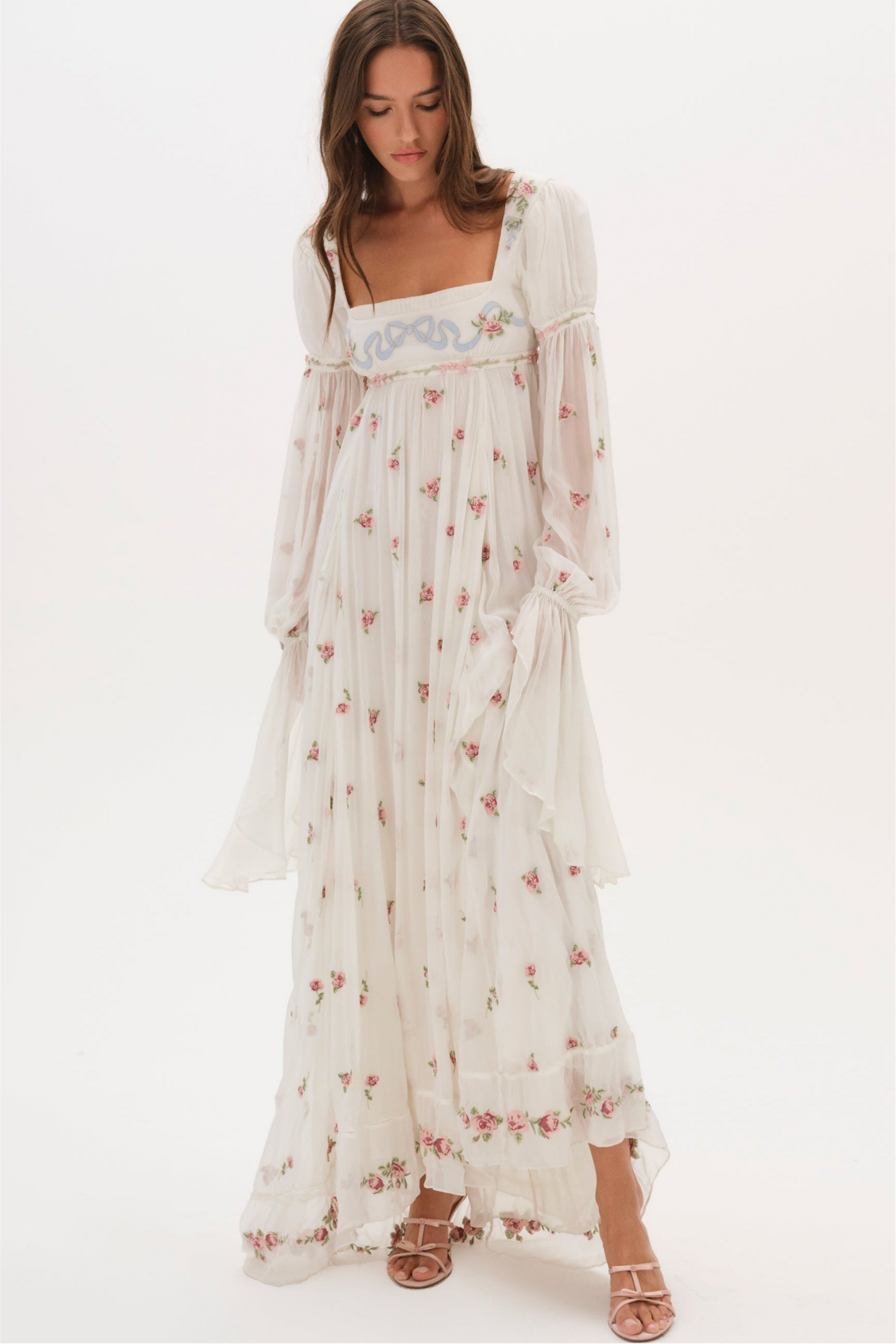 Floral Square Collar Ruffle Midi Dress