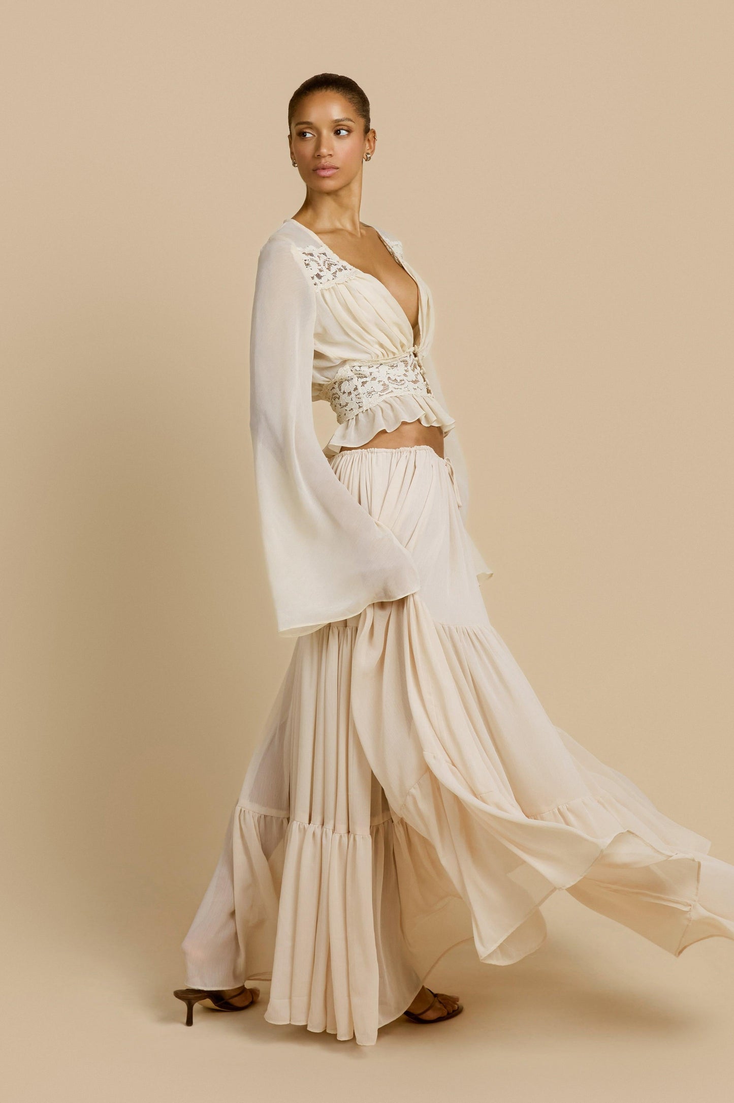 Lace Button Top & Mid Waist Maxi Skirt Set
