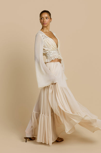 Lace Button Top & Mid Waist Maxi Skirt Set