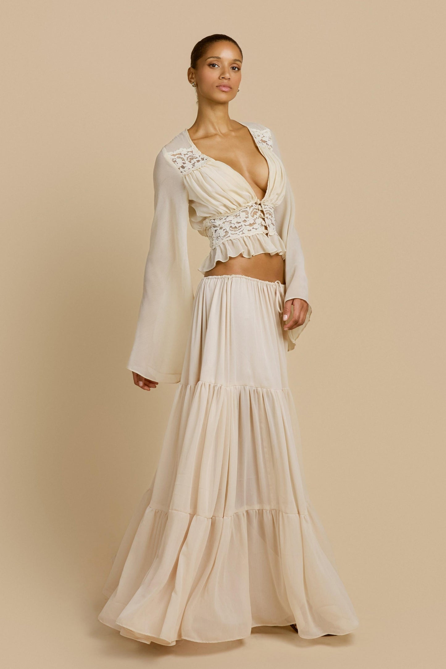 Lace Button Top & Mid Waist Maxi Skirt Set