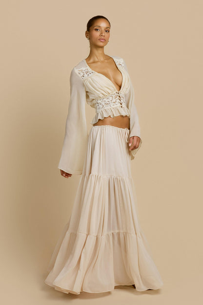 Lace Button Top & Mid Waist Maxi Skirt Set