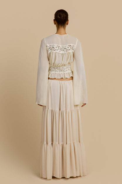 Lace Button Top & Mid Waist Maxi Skirt Set