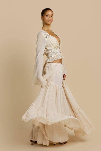 Lace Button Top & Mid Waist Maxi Skirt Set