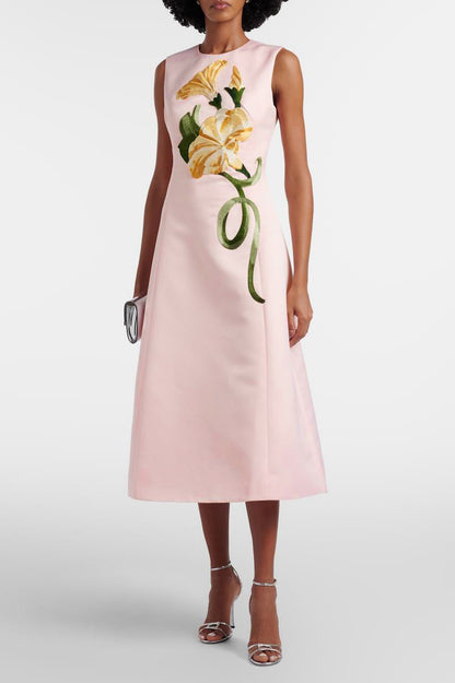 Embroidered Sleeveless Round Neck Midi Dress