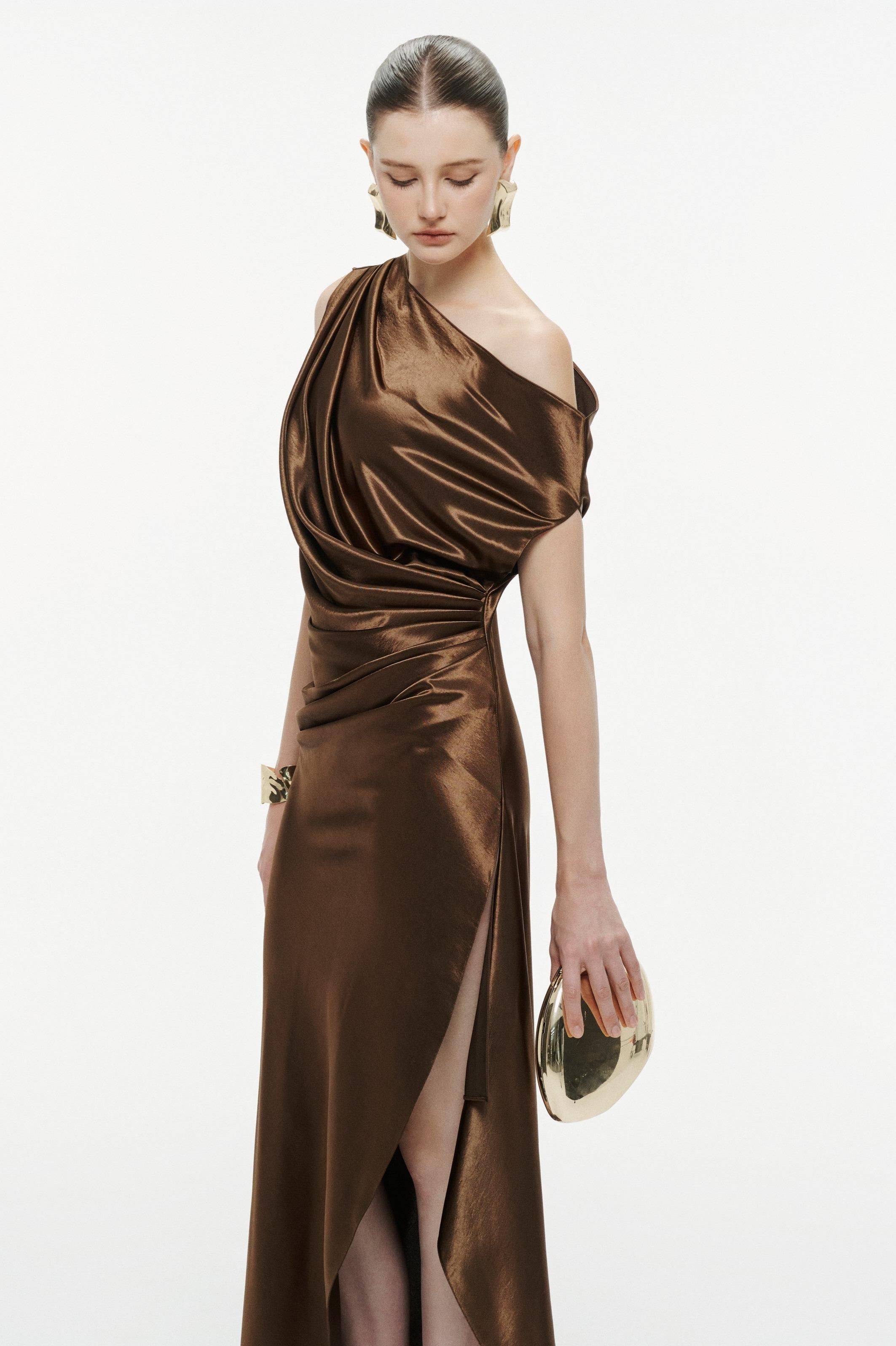 Skew Collar Pleated Slit Maxi Dress
