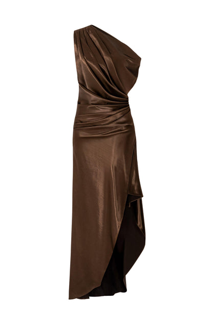 Skew Collar Pleated Slit Maxi Dress